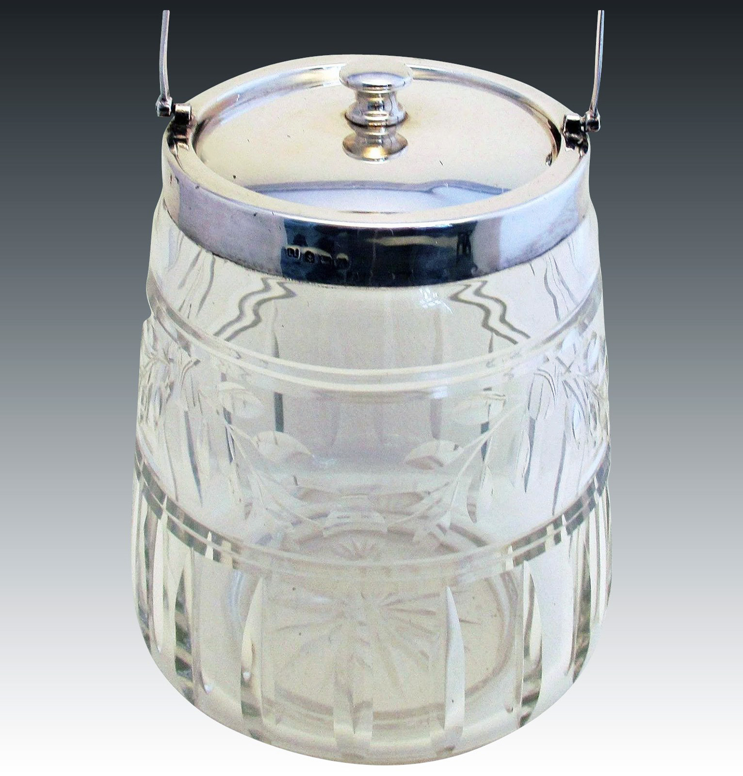 Huge Vintage Solid Sterling Silver Hallmarked Mounted Lid Top & Cut Glass Biscuit Barrel. Early 20th Century (1 of 1) Huge Vintage Solid Sterling Silver Hallmarked Mounted Lid Top & Cut Glass Biscuit Barrel. Early 20th Century (1 of 1)