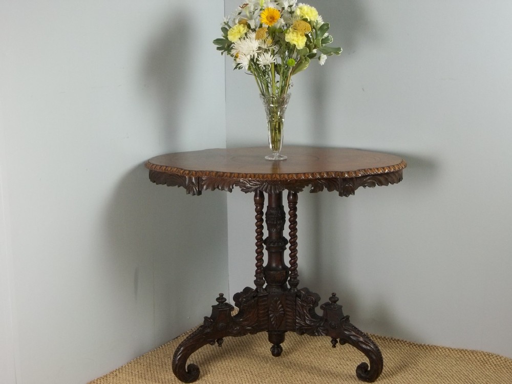 19th Century Walnut Marquetry Inlaid Oval Serpentine Shaped Black Forest Centre Lamp Occasional / Tripod / Sofa / Side Table (1 of 8)