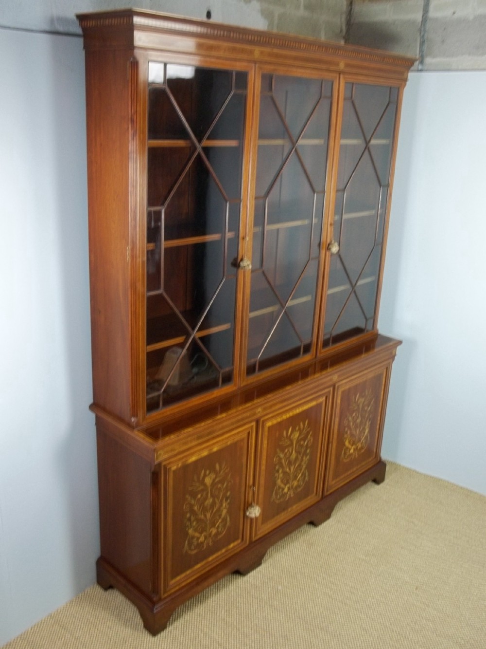 Large Antique Stamped Edwards & Roberts Mahogany Marquetry Inlaid Triple Three Door Breakfront Type Bookcase Display Cabinet (1 of 13)