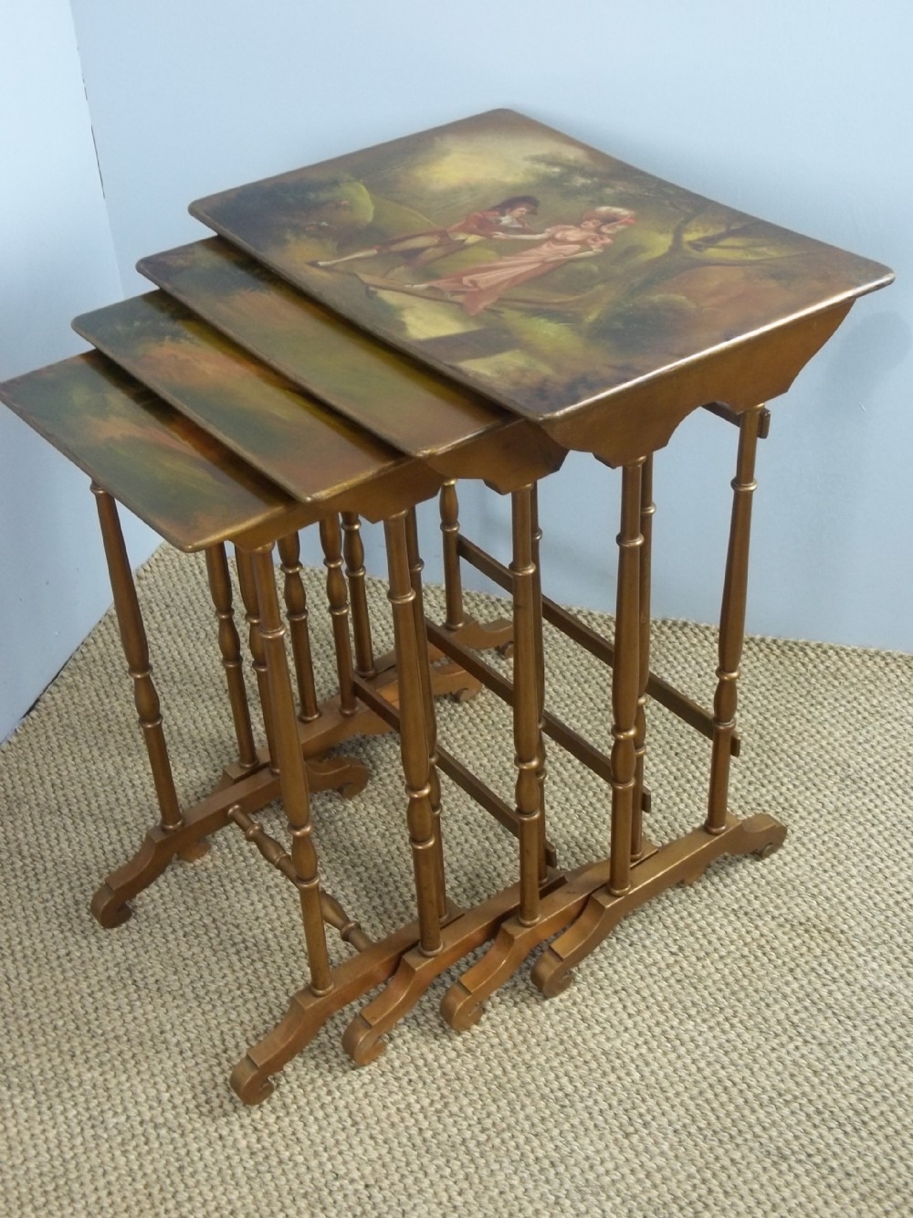 Antique Quartetto Nest of Four Gilt Painted Lamp Occasional Low Coffee Wine Side Stacking signed by E.Daligny (1 of 8) Antique Quartetto Nest of Four Gilt Painted Lamp Occasional Low Coffee Wine Side Stacking signed by E.Daligny (1 of 8)