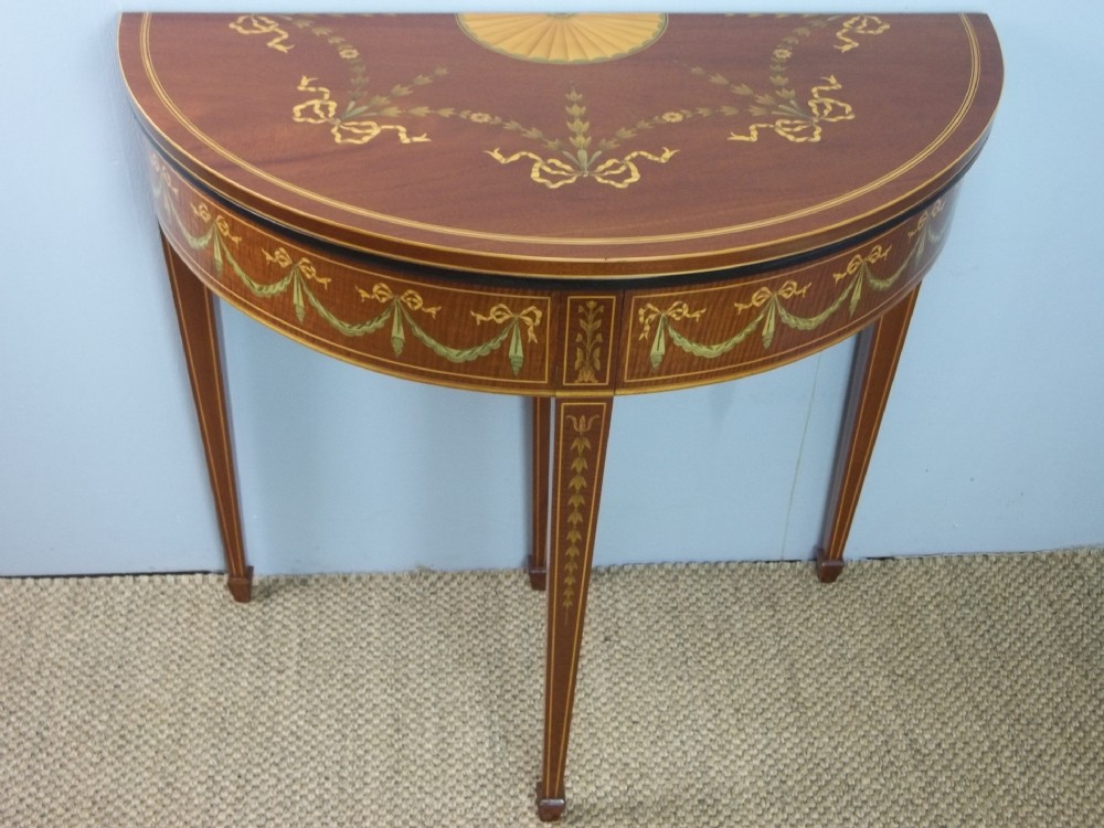 Edwardian Mahogany Marquetry Inlaid Demi Lune Card Hall Games Lamp Side Semi Circular Console Pier Table (1 of 11) Edwardian Mahogany Marquetry Inlaid Demi Lune Card Hall Games Lamp Side Semi Circular Console Pier Table (1 of 11)