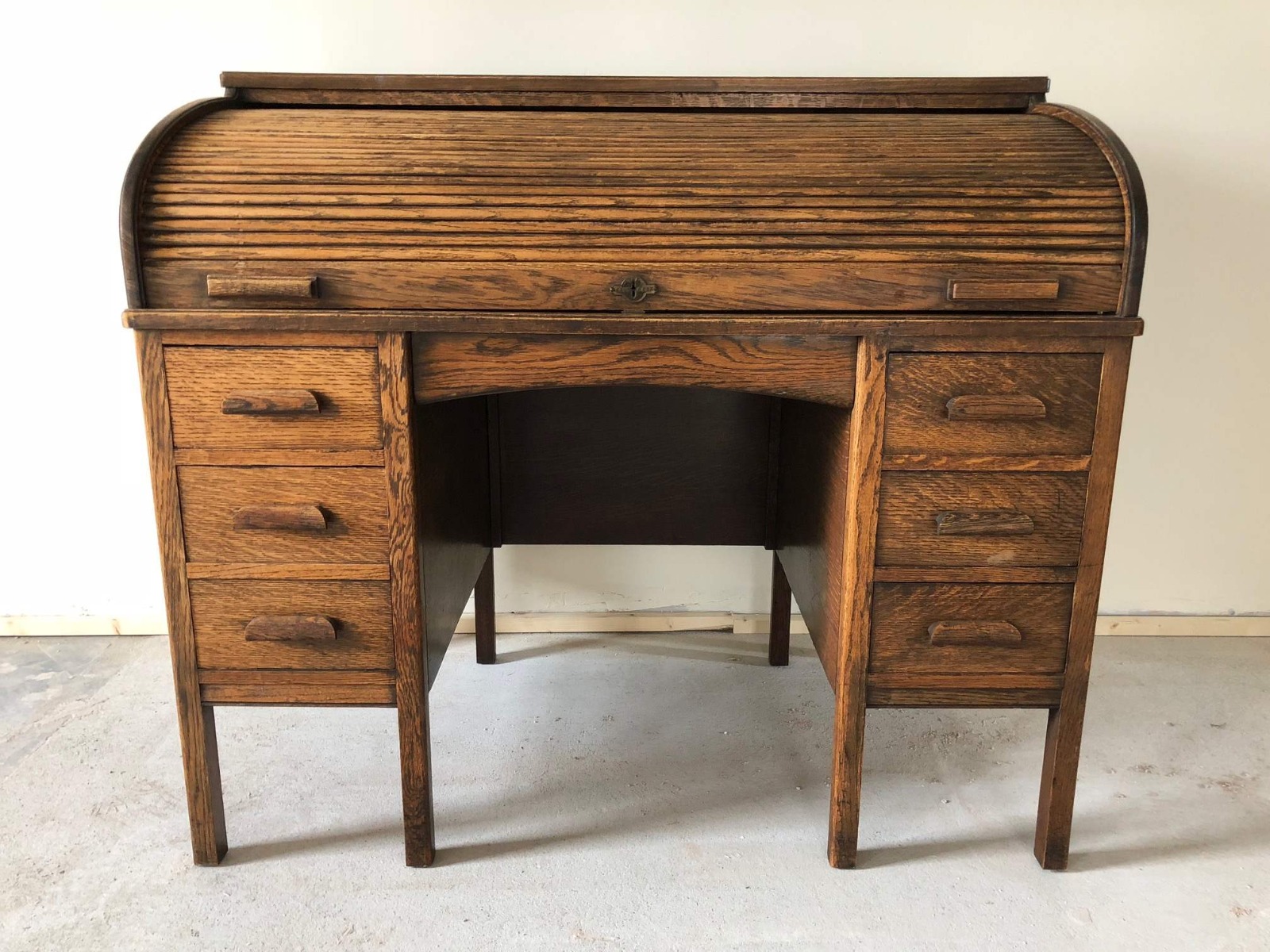 Early 20th Century Oak Tambour Roll Top Pedestal Desk (1 of 1) Early 20th Century Oak Tambour Roll Top Pedestal Desk (1 of 1)