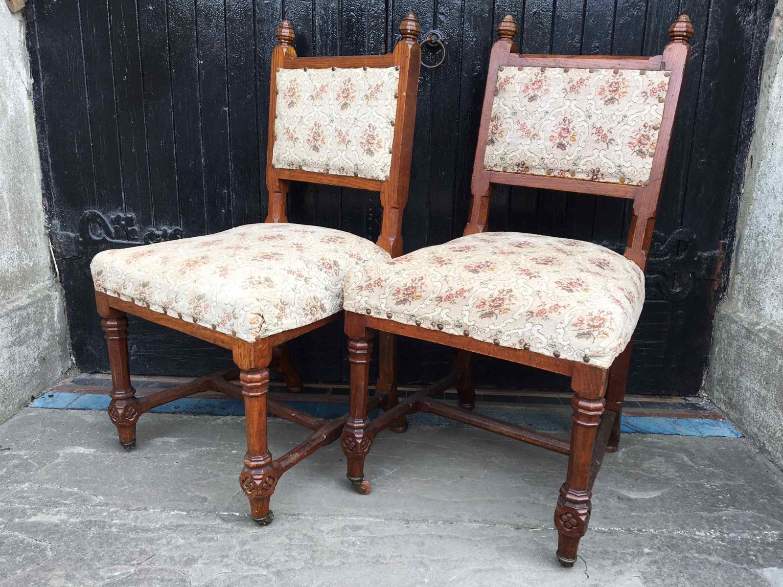 Pair of Gothic Oak Chairs with Fabric Seats & Backs (1 of 1) Pair of Gothic Oak Chairs with Fabric Seats & Backs (1 of 1)