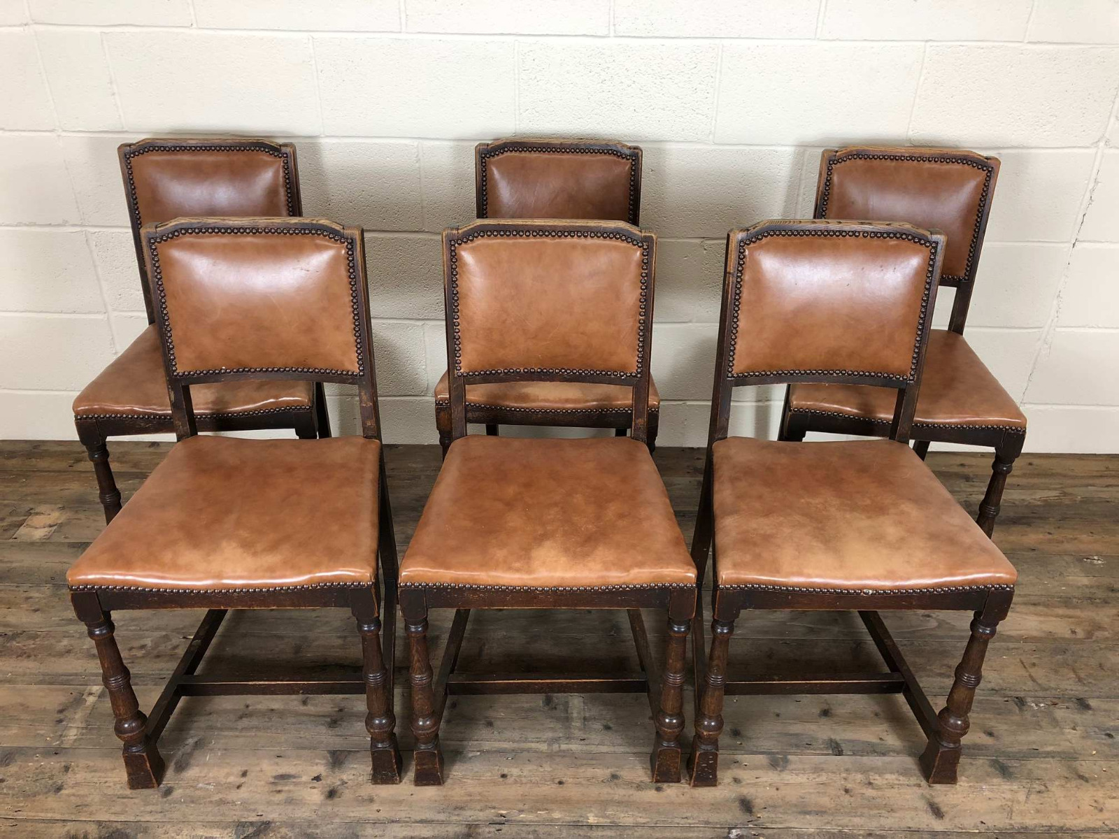 Set of Six Brown Tan Leather Studded Chairs (1 of 1) Set of Six Brown Tan Leather Studded Chairs (1 of 1)