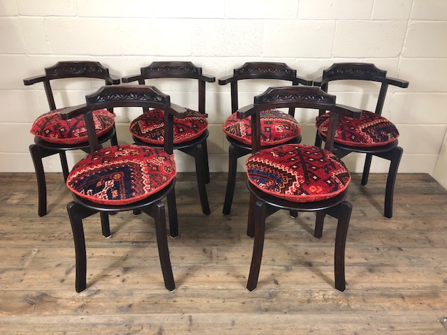 Set of Six Mid-Century Hardwood Chairs with Carpet Bag Cushions (1 of 9) Set of Six Mid-Century Hardwood Chairs with Carpet Bag Cushions (1 of 9)