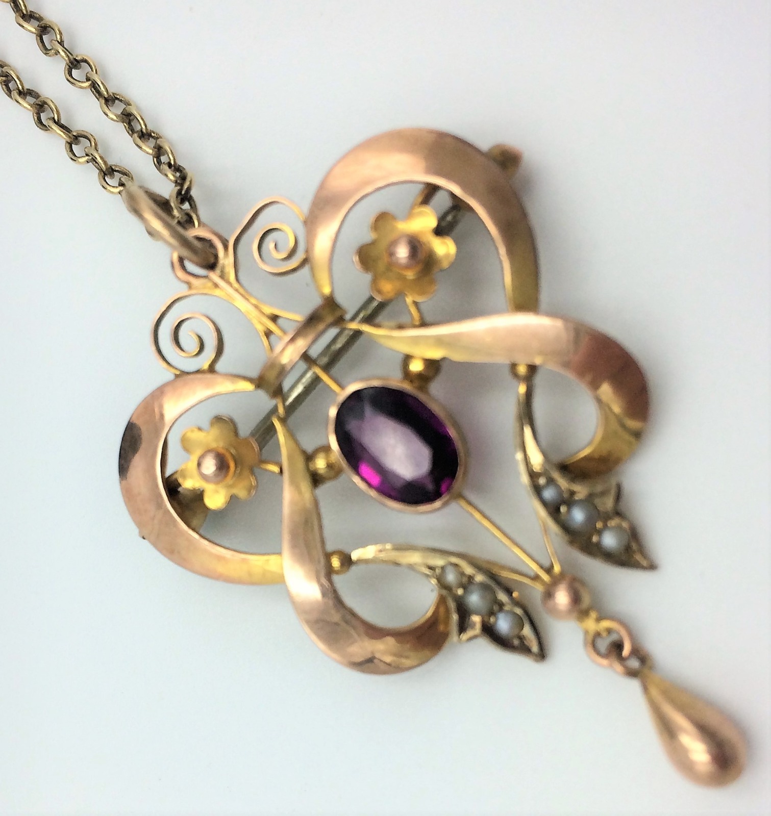 Edwardian Gold, Amethyst & Seed Pearl Pendant Brooch & Chain (1 of 8)