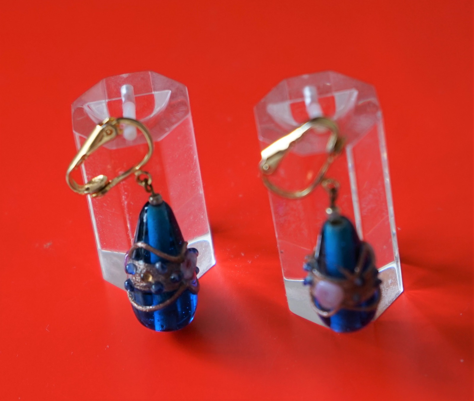 Vintage Pair of Ornate Gilt Bristol Blue Drop Jewelled  Earrings - Boxed / Ideal Gift / Present (1 of 10)
