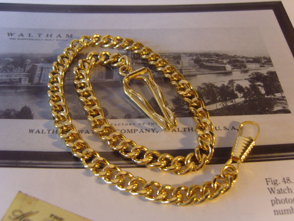 Pocket Watch Chain 10ct Gold Plated Long Curb Link with Dog Clip & Belt Clip New (1 of 2)