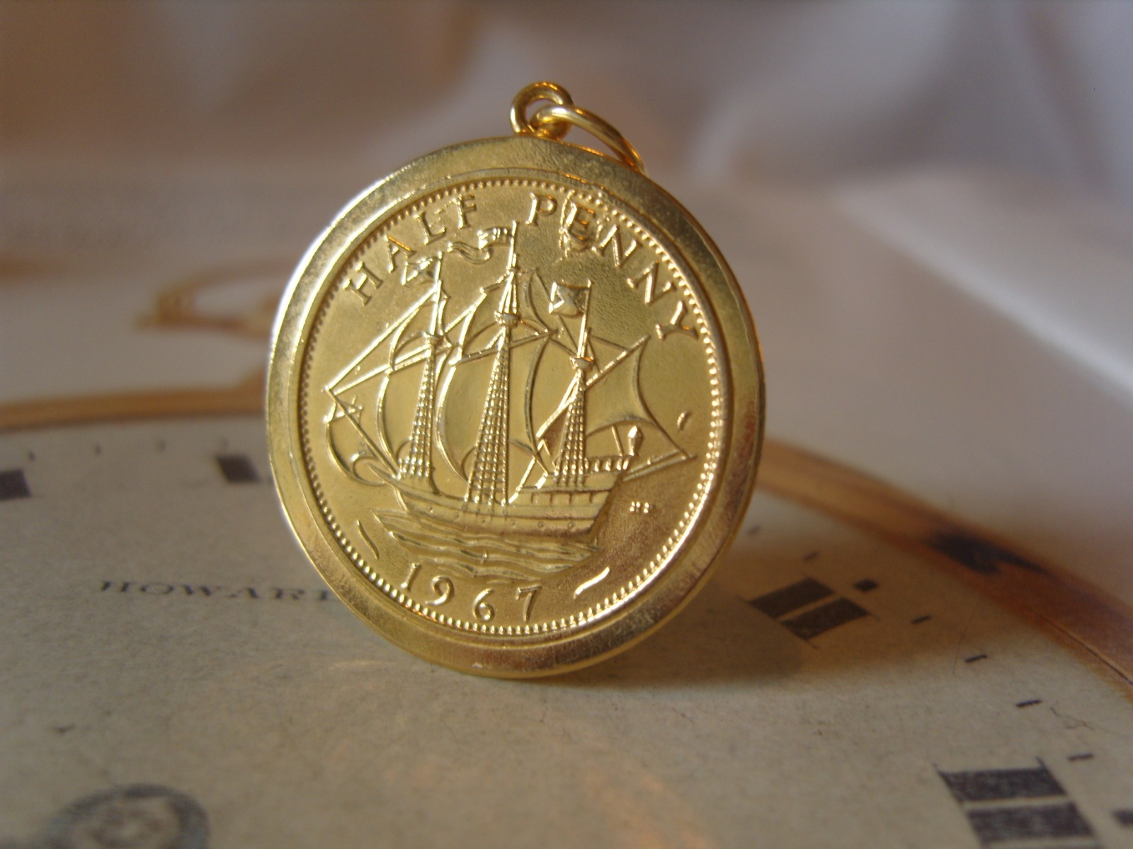 Vintage Pocket Watch Chain Fob 1967 14ct Gold Plated Lucky Half Penny