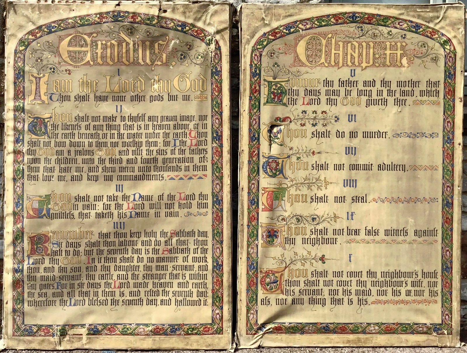 Huge Pair of Hand Painted Religious Panels on Cotton of the Ten Commandments c.1850 (1 of 14)