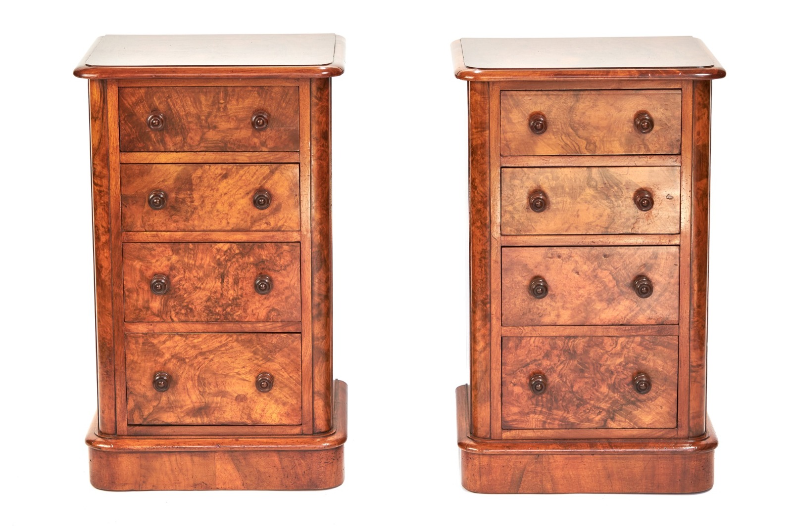 Fine Pair of Figured Walnut 4 Drawer Bedside Chests (1 of 1) Fine Pair of Figured Walnut 4 Drawer Bedside Chests (1 of 1)