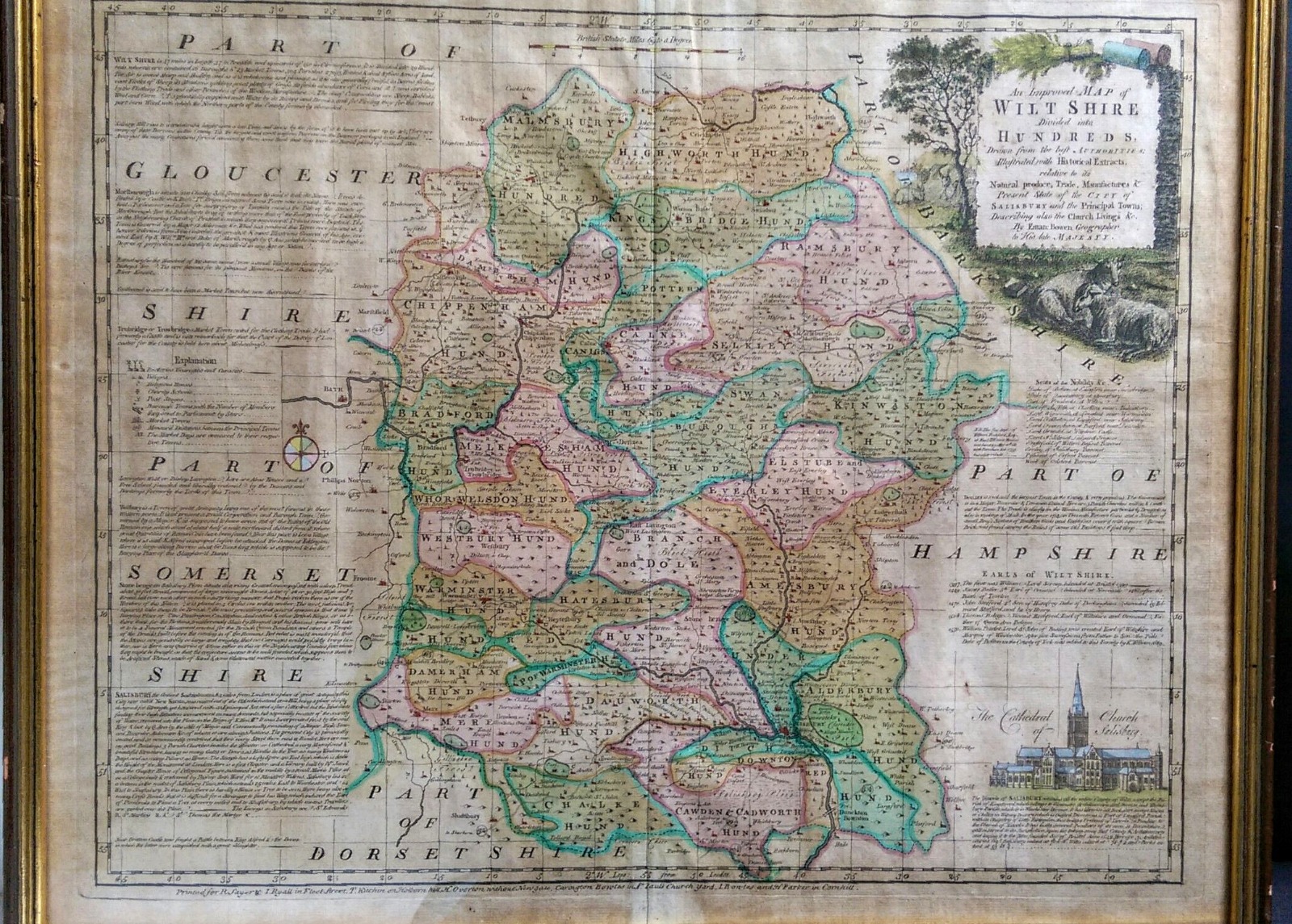 Antique Map of Wiltshire and Its Hundreds by Bowen c.1755 (1 of 6)