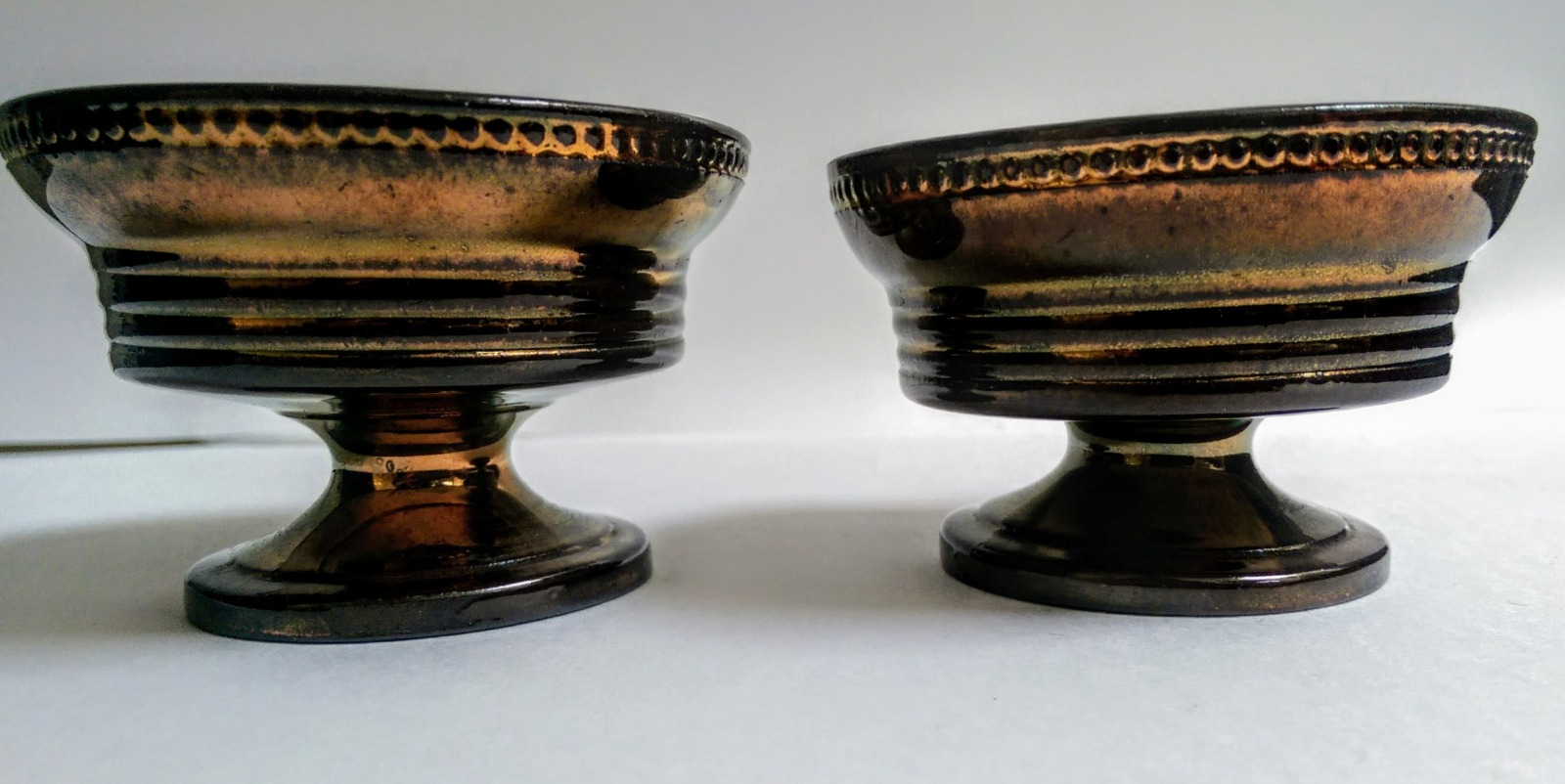 Unusual Pair of 'His 'N Her' Copper Lustre Glazed Pottery Salts c.1840 PV/C/926/144 / LA133516