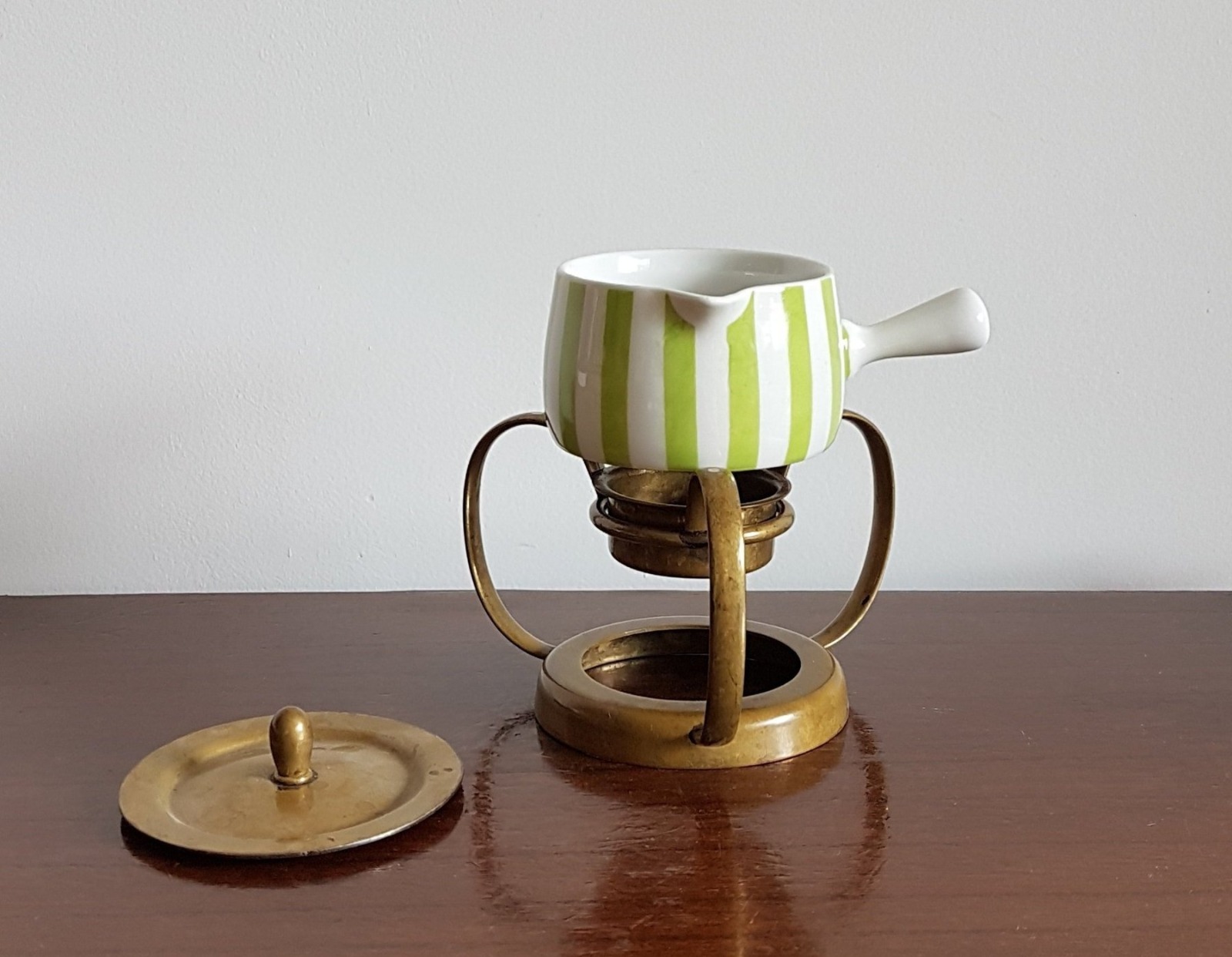 Swiss Langenthal Resista White & Green Stripe Porcelain & Brass Stand Butter Warmer (1 of 9) Swiss Langenthal Resista White & Green Stripe Porcelain & Brass Stand Butter Warmer (1 of 9)