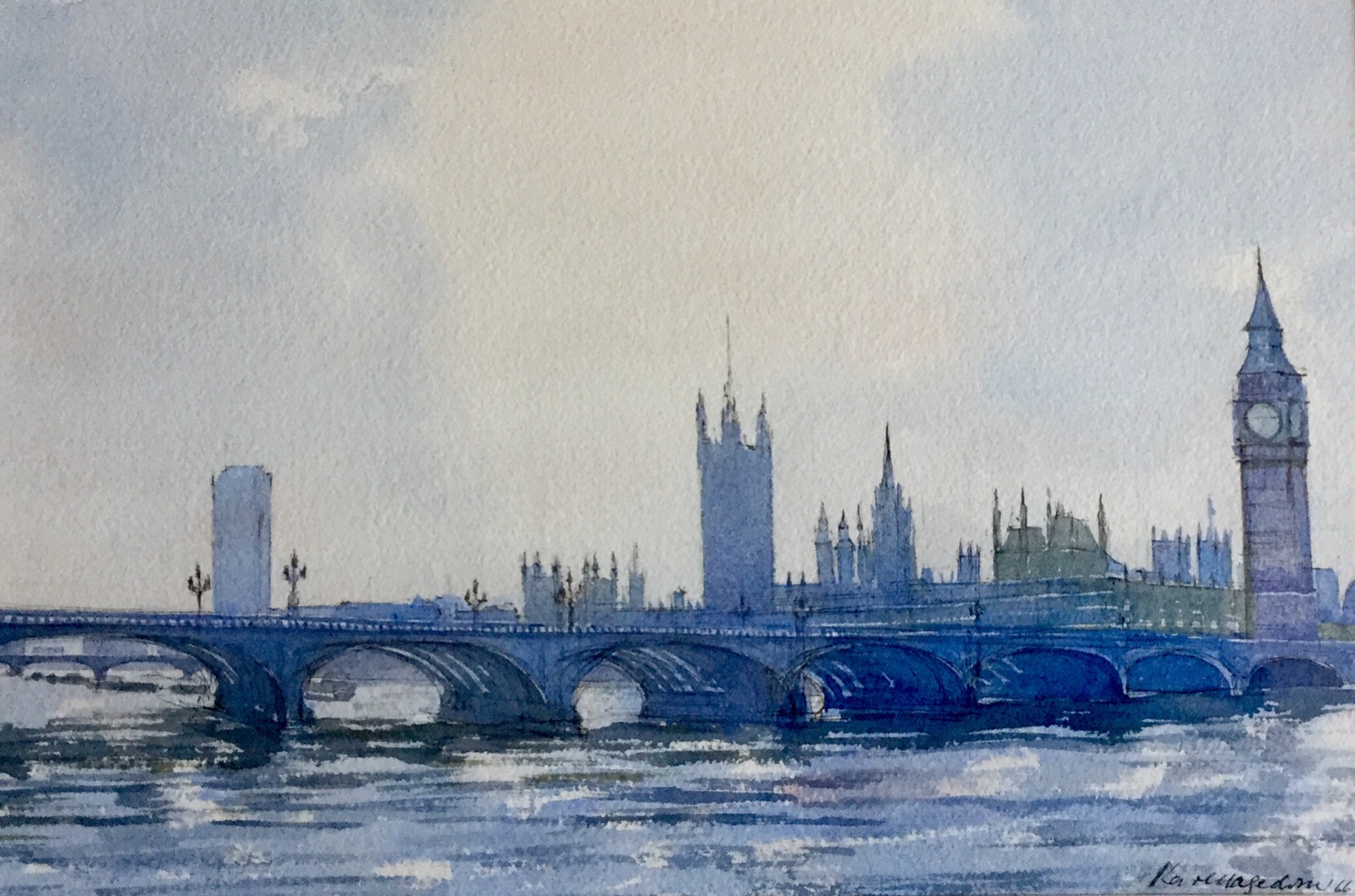 Karl Hagedorn Watercolour - Westminster from the Thames (1 of 3)