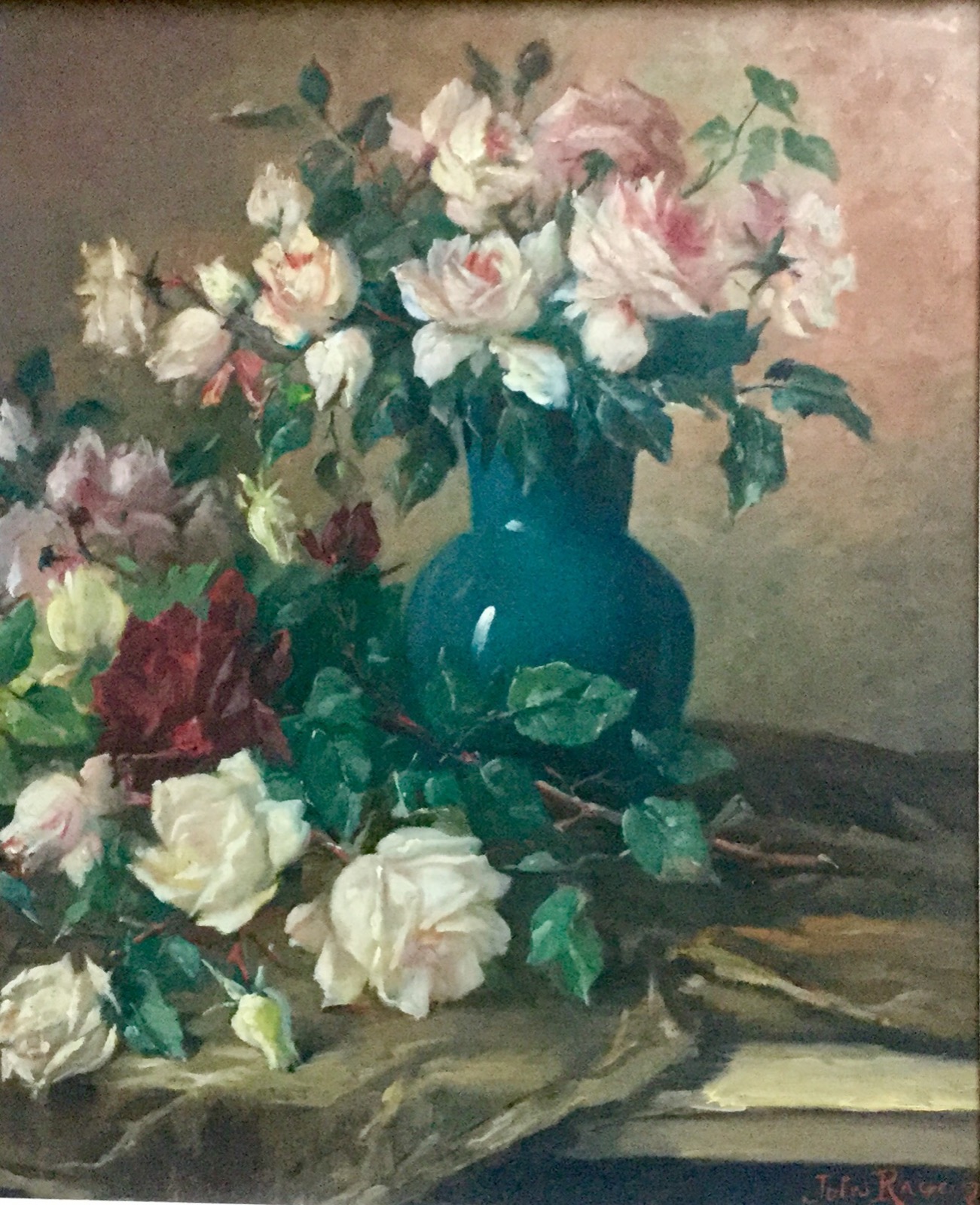 Jules Felix Ragot Oil Painting - Roses in a Vase on a Draped Cloth (1 of 3)