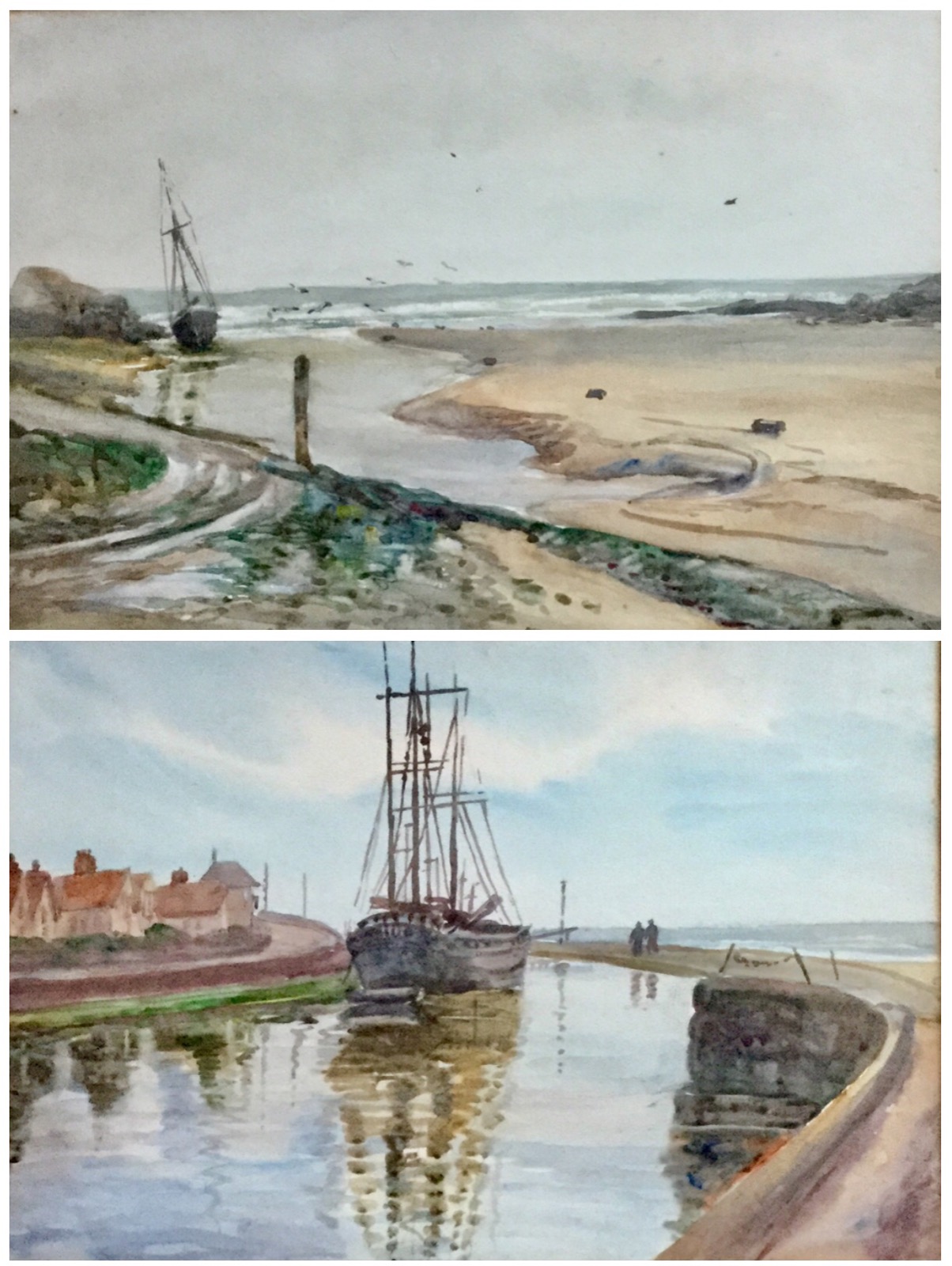 British School Pair of Watercolours - Coastal Views with Shipping (1 of 5)