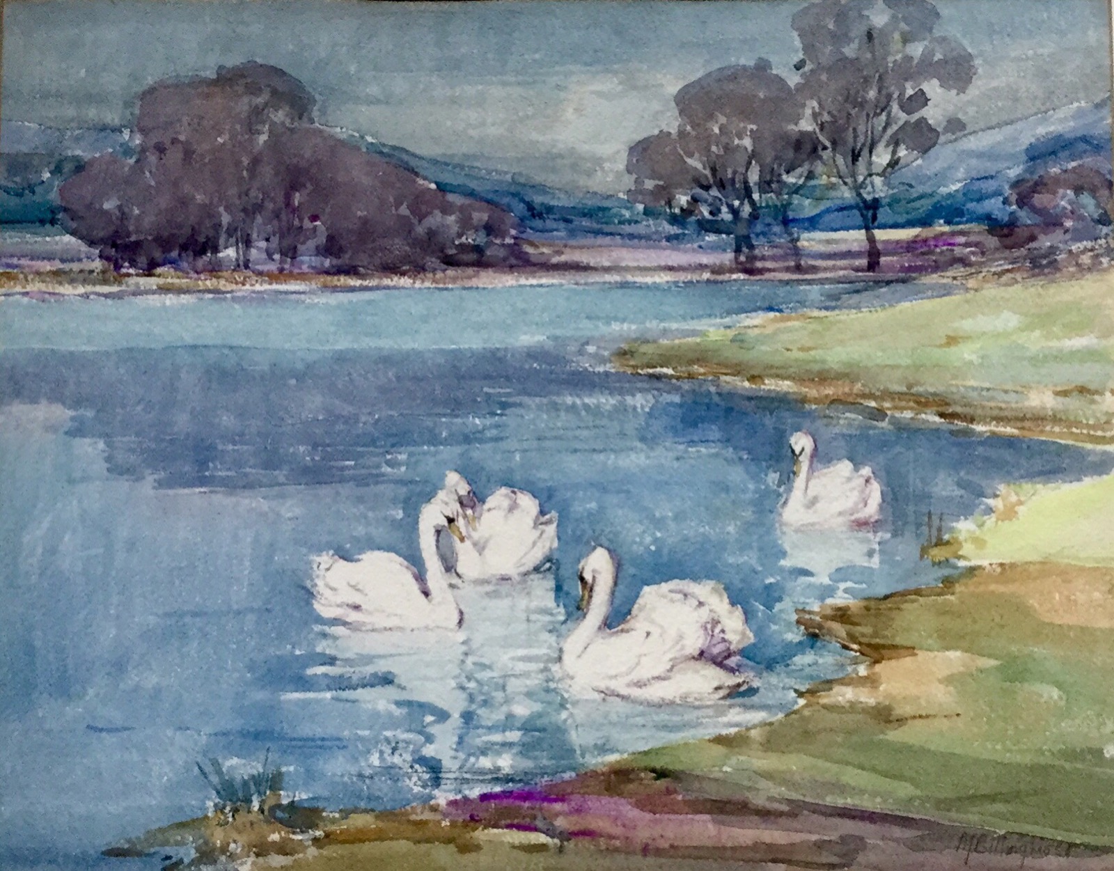 Alfred John Billinghurst - Watercolour - Swans in a River Landscape (1 of 3)