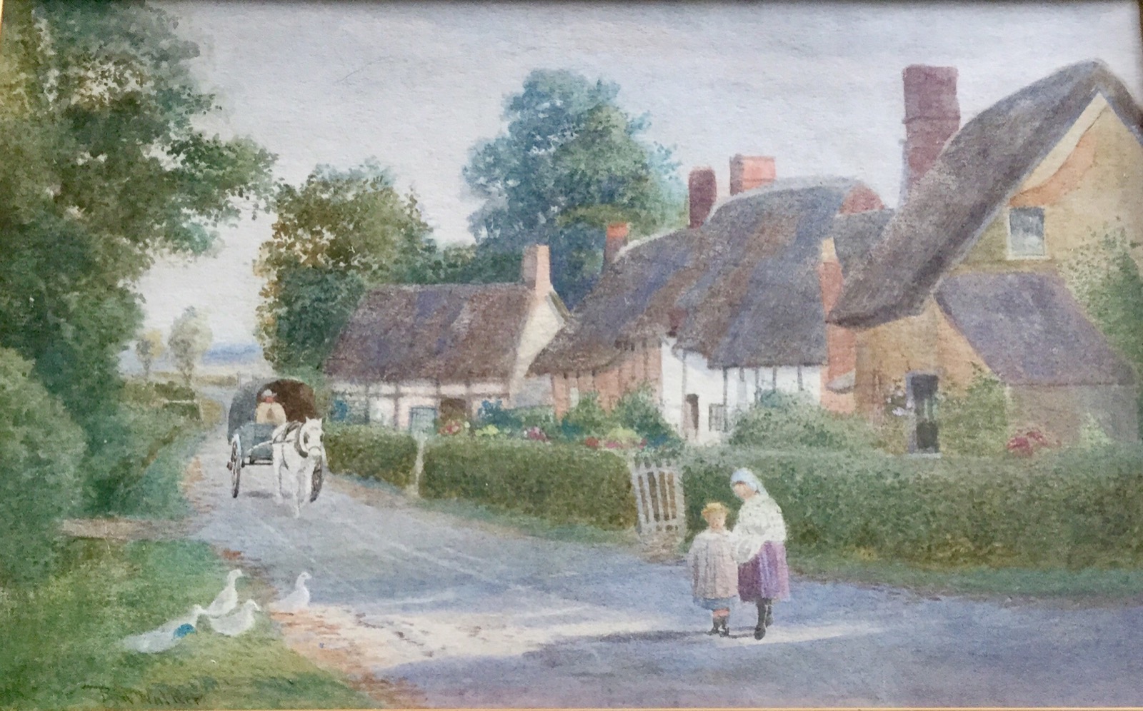 Robert Hollands Walker Watercolour - Village Street Scene with Children (1 of 2)