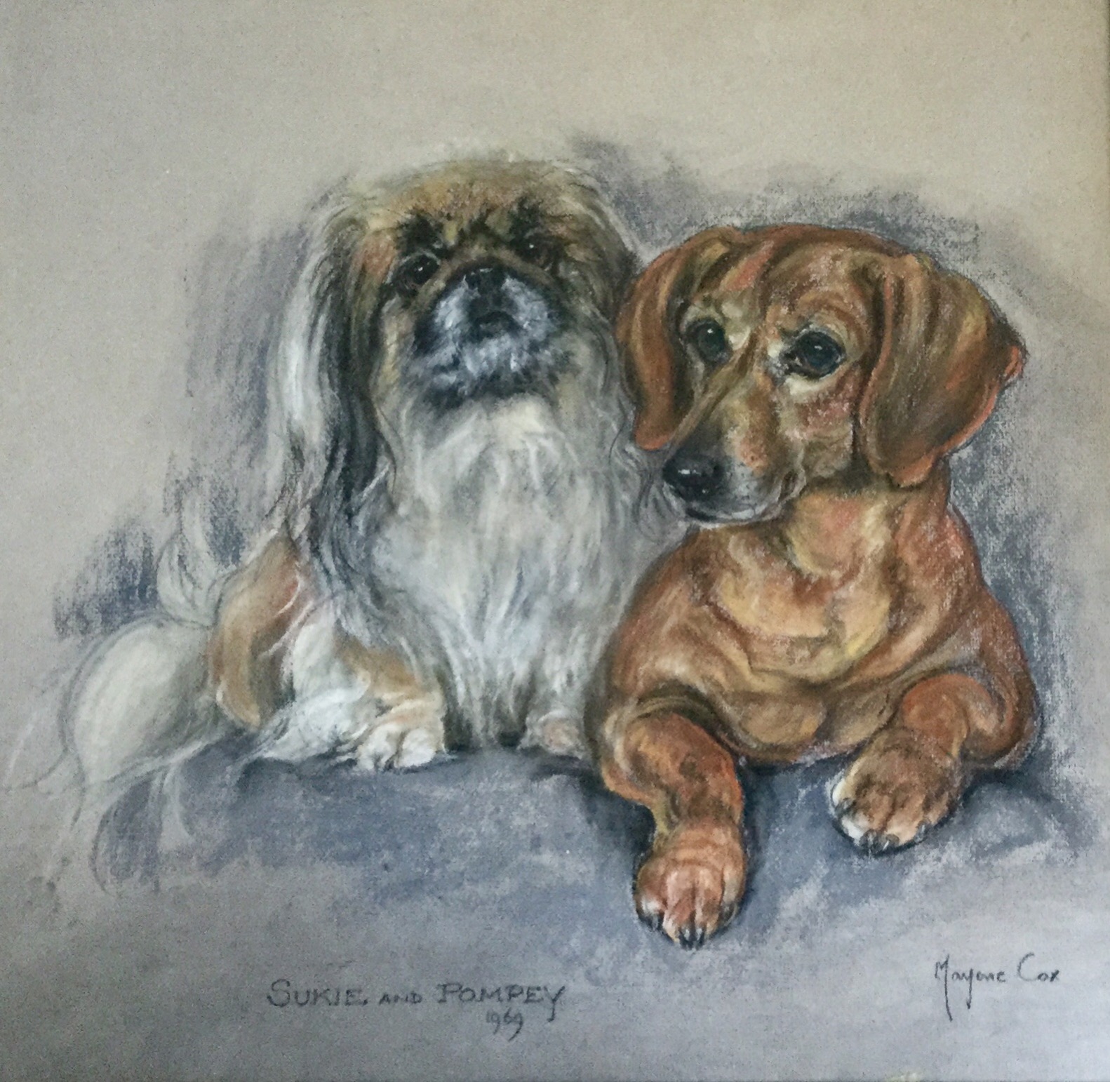 Marjorie Cox Pastel ‘Sukie & Pompey' - Pekingese & Dachshund (1 of 2)