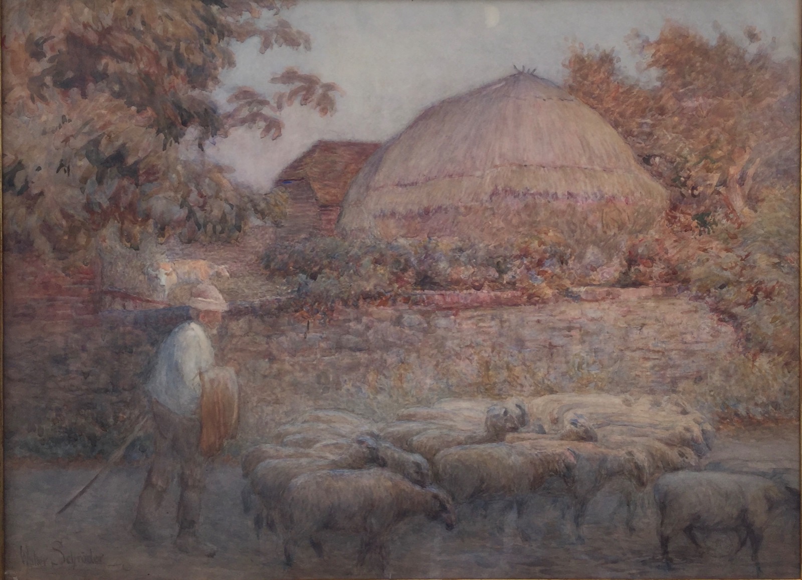 Walter Schroder Watercolour - Herding Sheep at Dusk (1 of 2)