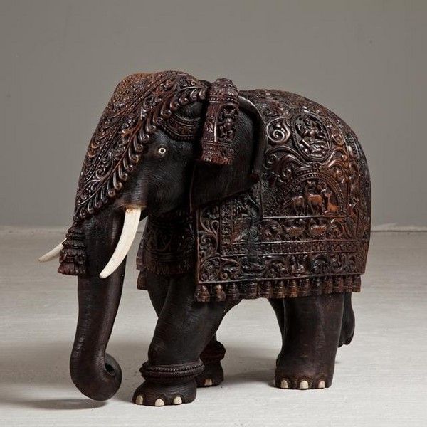 Indian Carved Hardwood Elephant with Bone Tusks & Toe Nails (1 of 6)