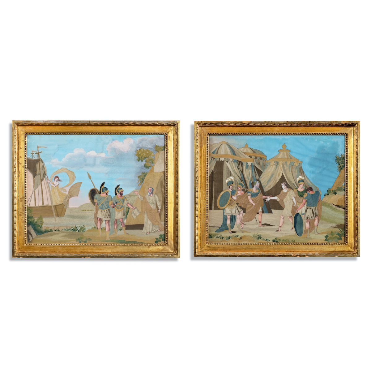 Unusual Pair of Italian Silk Embroidery & Gouache Painted Paper Pictures (1 of 9)