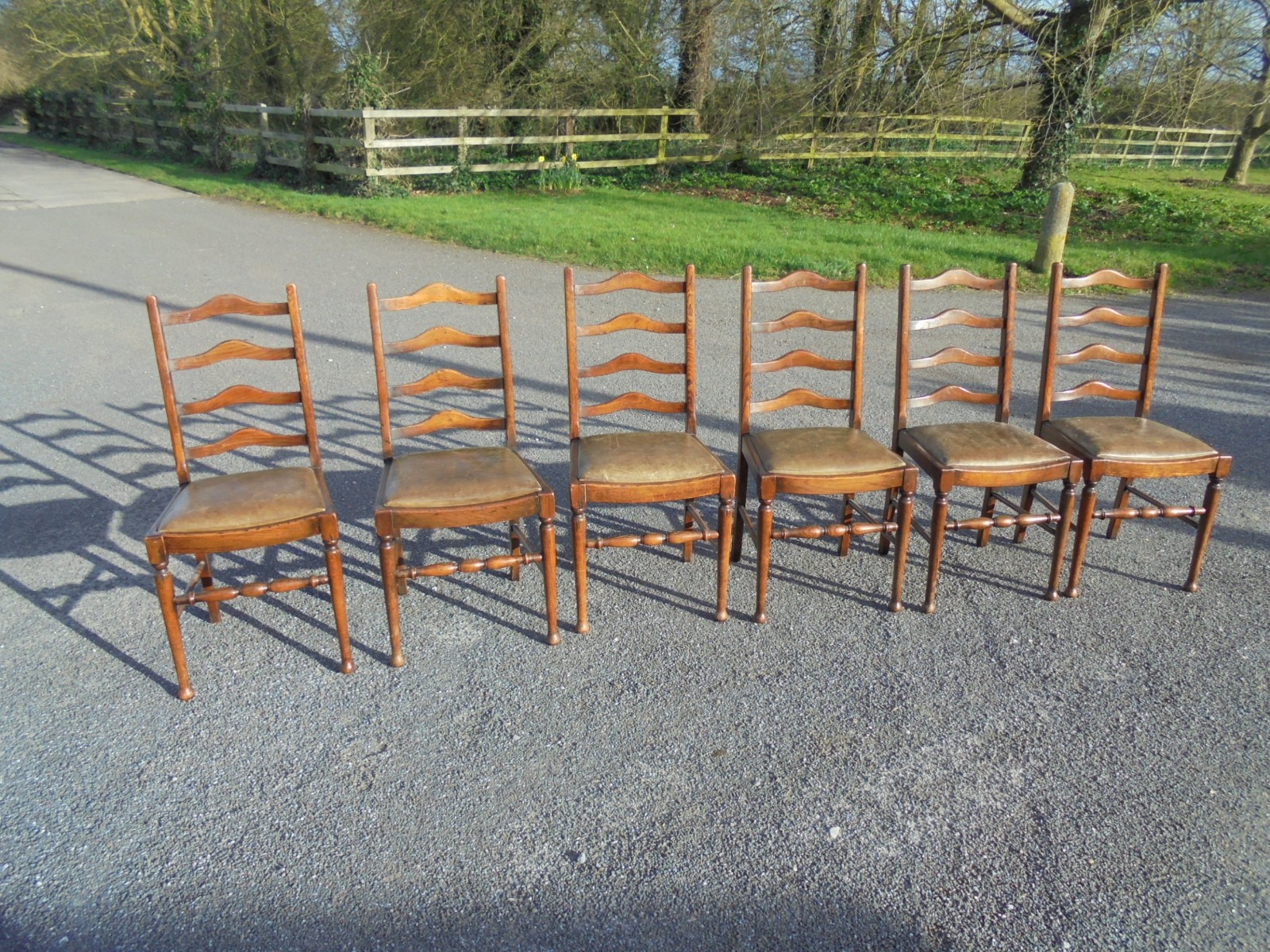 Set of Six Ladder Back Chairs with Leather Seats (1 of 1) Set of Six Ladder Back Chairs with Leather Seats (1 of 1)