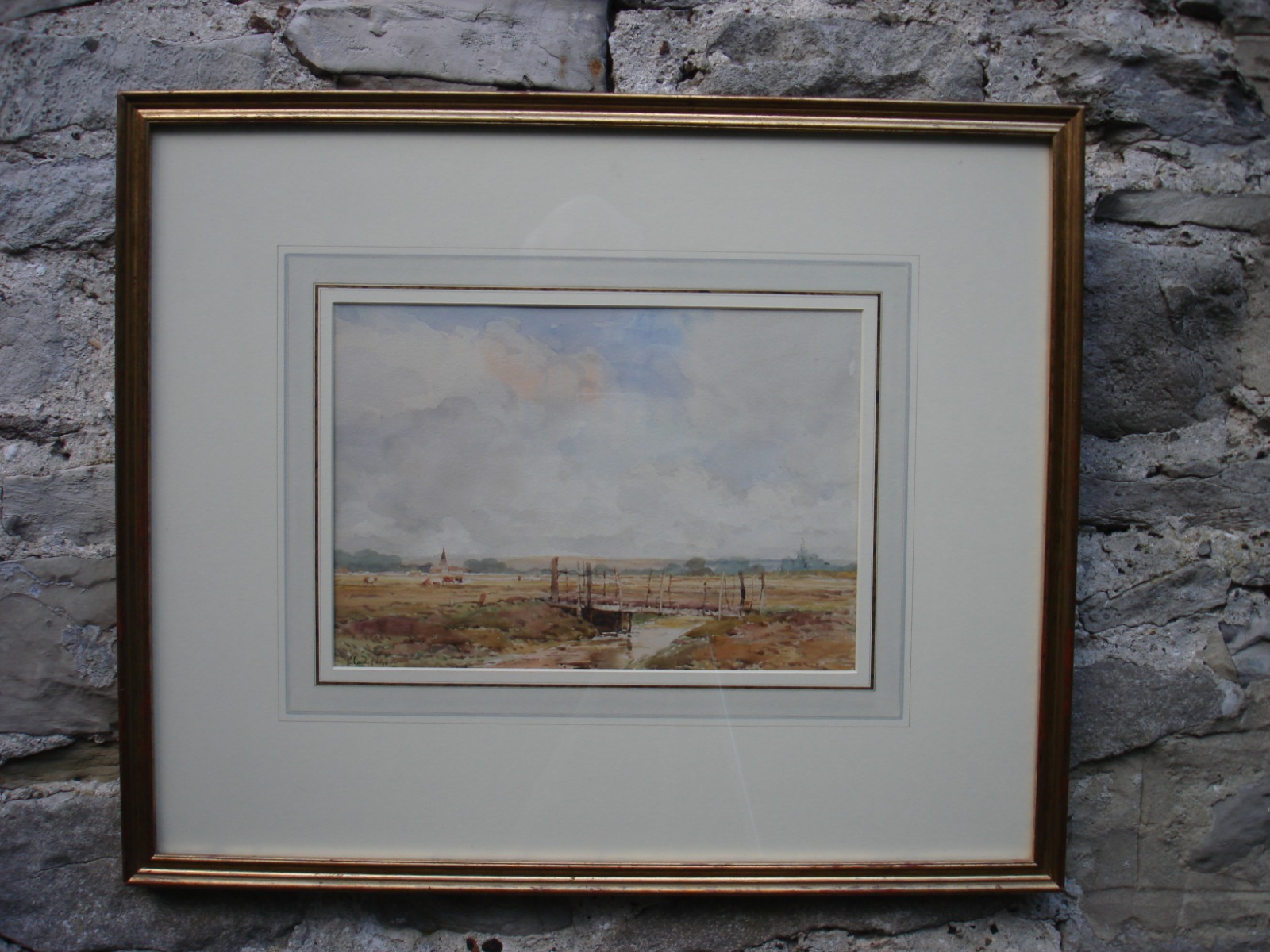Claude Hayes. Heathland with Bridge Over Stream. Distant Cattle & Church (1 of 1)