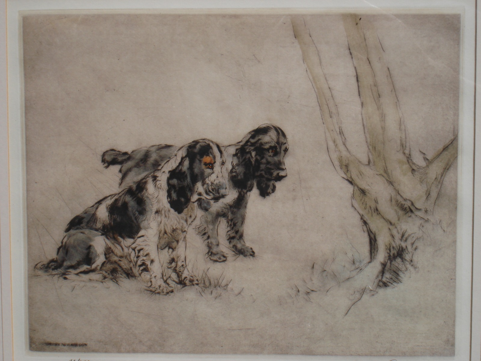 Engraving by Henry Wilkinson, Two Spaniels by a Tree (1 of 1)