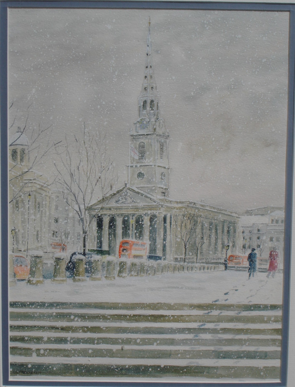 St. Martin in the Fields, Trafalgar Square in the Snow. Body Colour & Gouache, John C. Burrows (1 of 1)