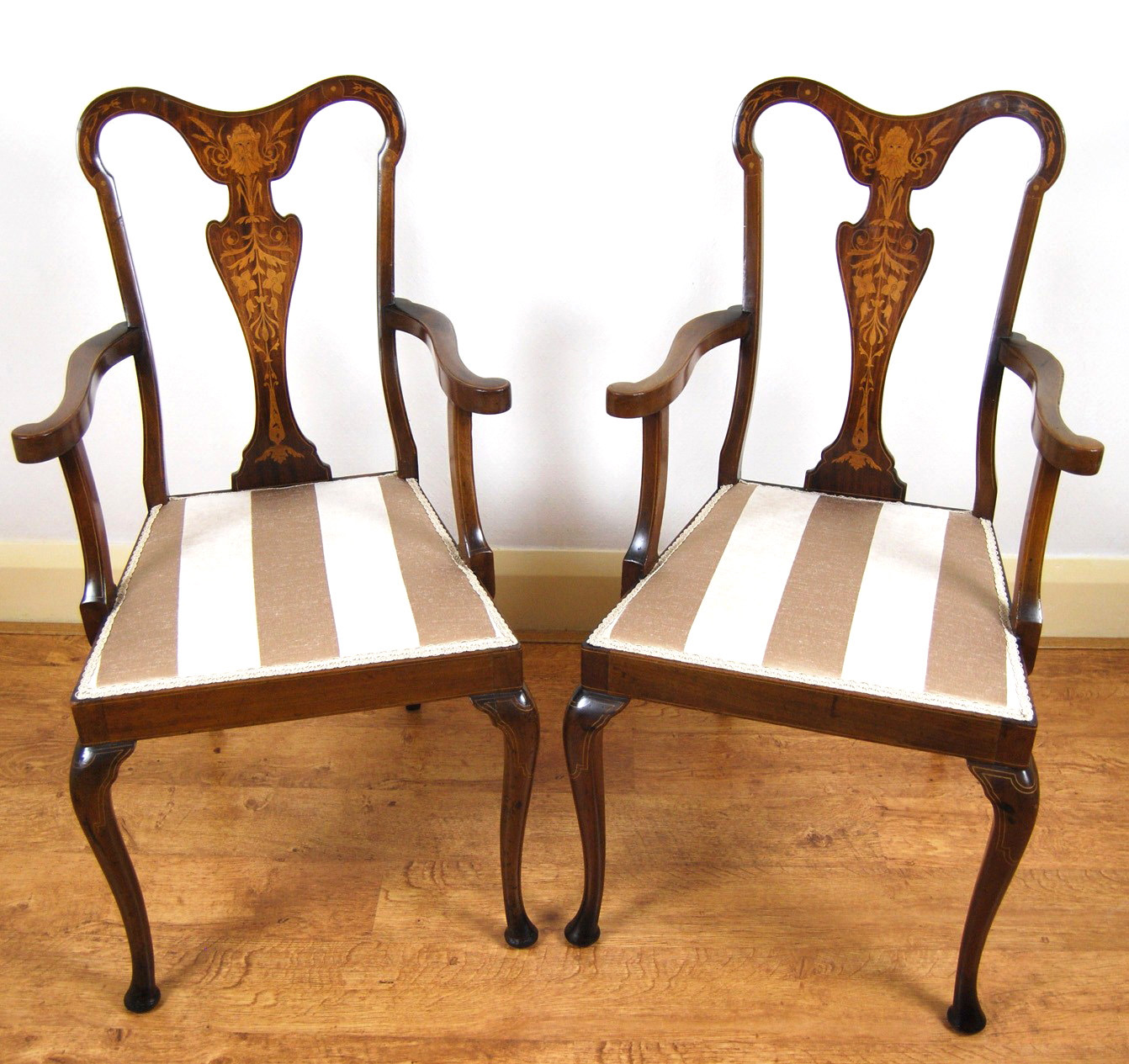 Pair of Stamped Edwardian Marquetry Elbow Chairs (1 of 9)
