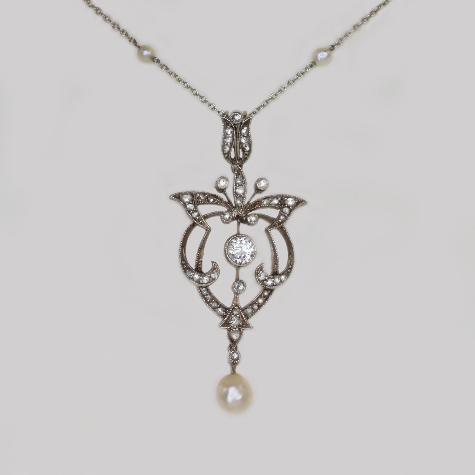 Edwardian Diamond & Pearl Lavalier Pendant Platinum Antique Art Nouveau