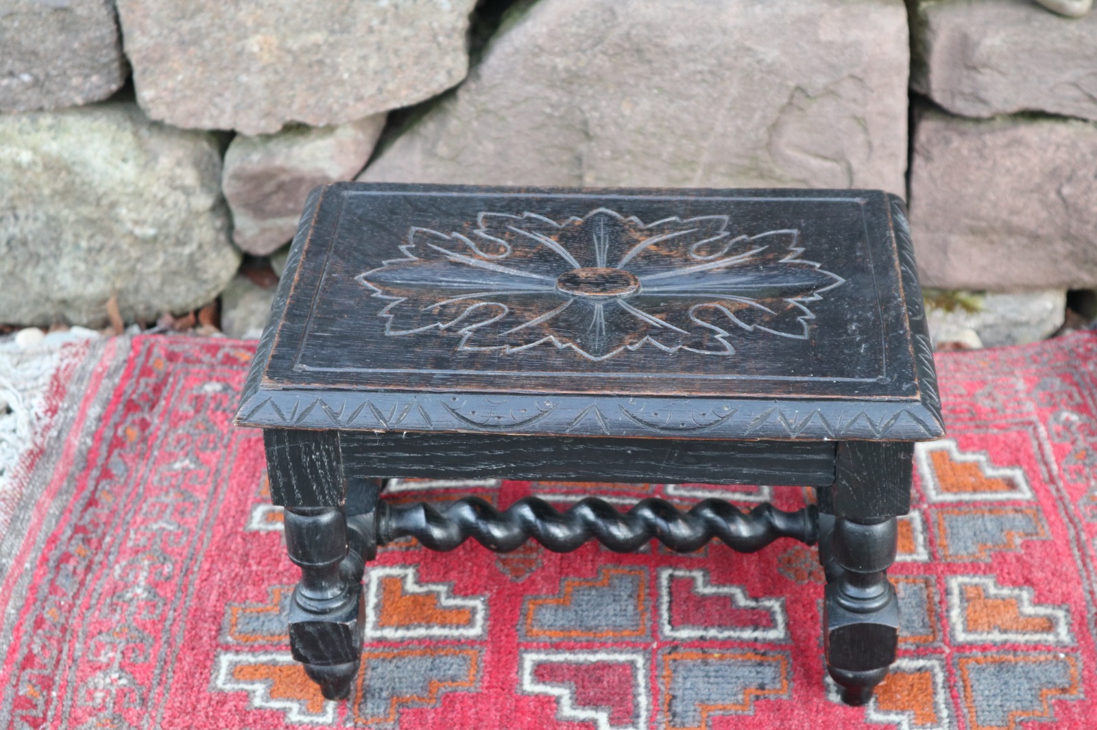 19th Century / Victorian Carved Ebonised & Barley Twist Turned Wooden Foot Stool c.1860 (1 of 16)