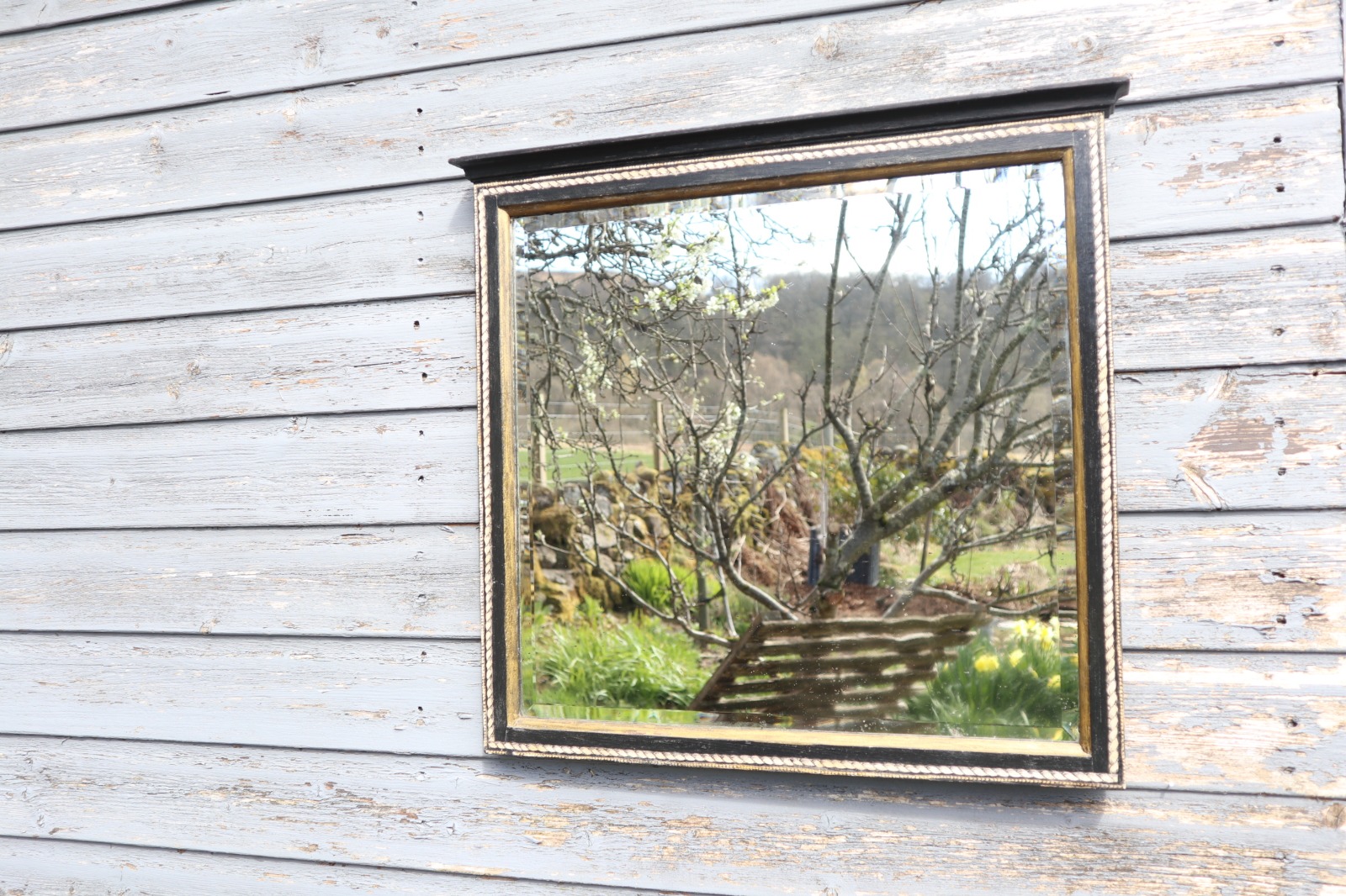 French Ebonised & Gilt Painted Overmantle Mirror, Bevelled Glass, Foxing & Ropework Paper Border Decoration c.1895 (1 of 30)