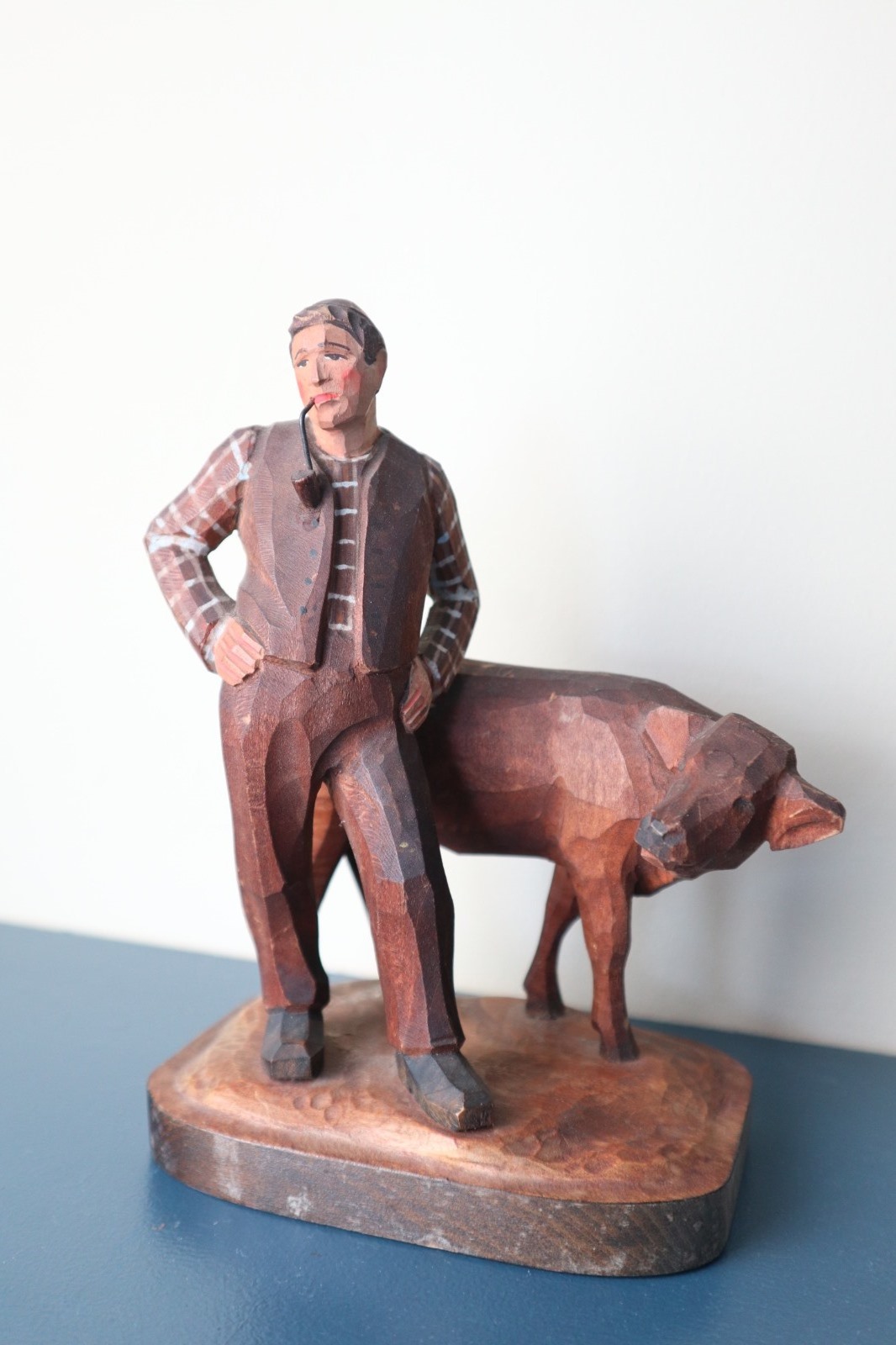 Vintage 'Folk Art' Black Forest Swiss Classical Character Carving by Huggler-Wyss, 'Farmer & Calf' c.1930 (1 of 19)