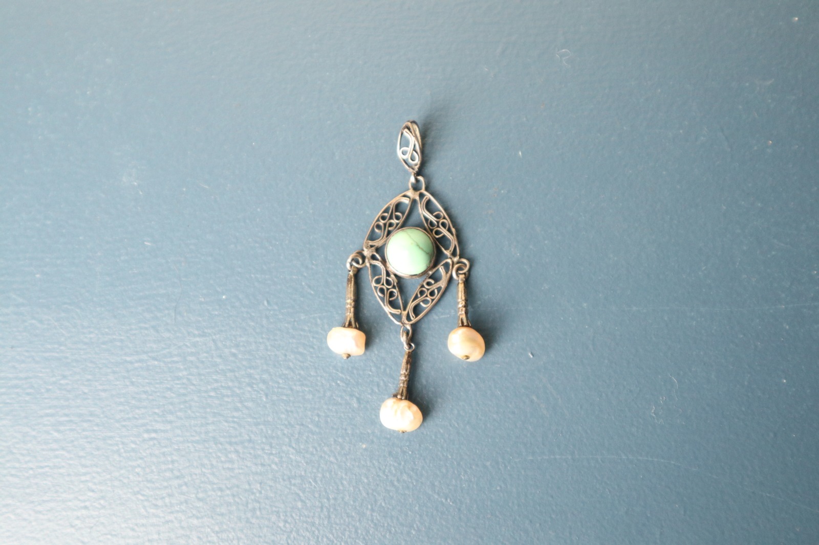 Art Nouveau / Jugendstil, Silver Metal, Filigree Turquoise & Triple Drop Pearl Pendant c.1910 (1 of 13)