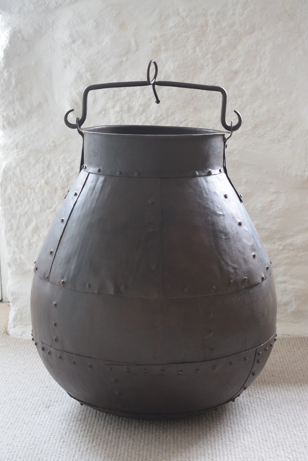 Extra Large Decorative Antique Riveted Steel Cauldron with Iron Handle