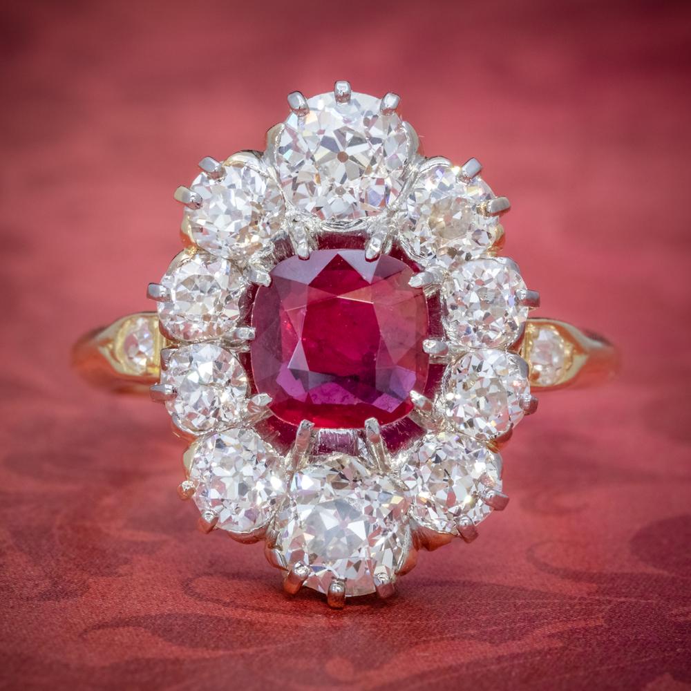 Antique Victorian 1.60ct Ruby 3ct Diamond Cluster Ring 18ct Gold c.1880 (1 of 7)