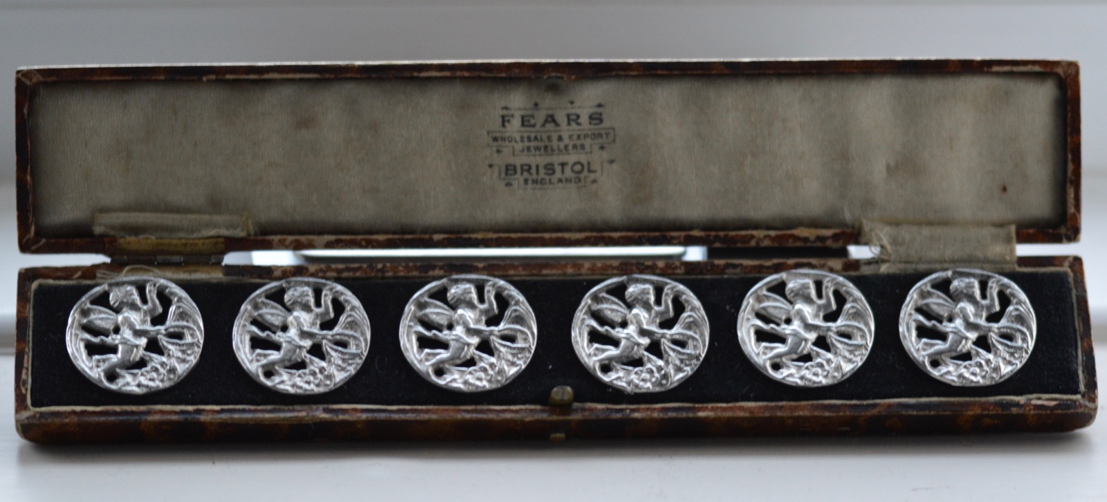 1919 - Six Art Deco Cased Solid Silver Angel Cherub Buttons by Nathan & Hayes (1 of 8)