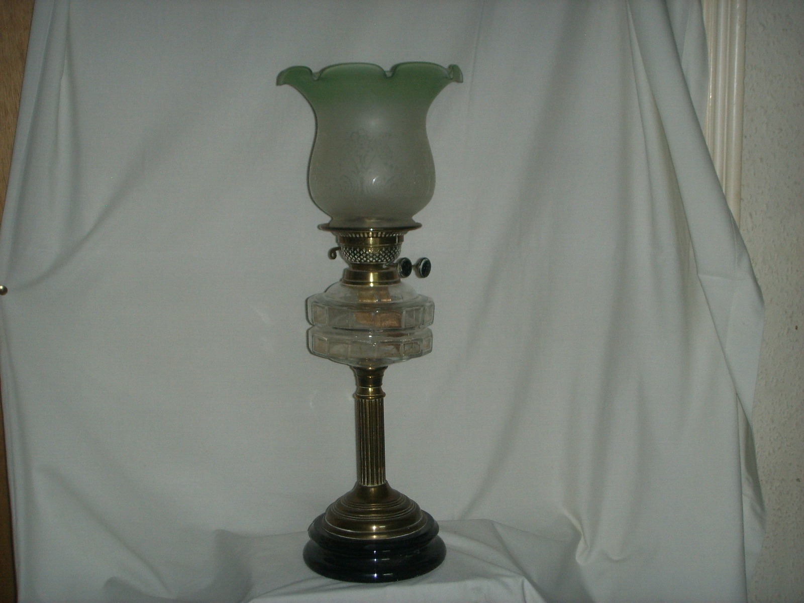 Victorian Oil Lamp with Green Tinted Etched Shade LA211176