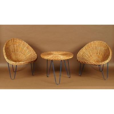 Complete Set of Two Chairs & Table in Wicker Work (1 of 5)