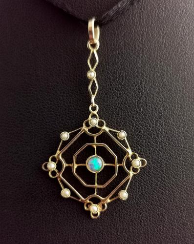 Antique Opal & Seed Pearl Pendant, 15ct Gold, Art Nouveau (1 of 13)