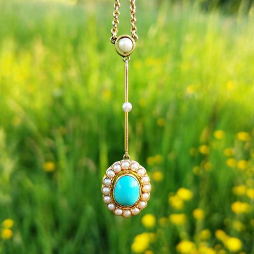 Antique Edwardian 15ct Gold Turquoise & Pearl Edna May Necklace, Vintage Pendant Necklace (1 of 5) Antique Edwardian 15ct Gold Turquoise & Pearl Edna May Necklace, Vintage Pendant Necklace (1 of 5)