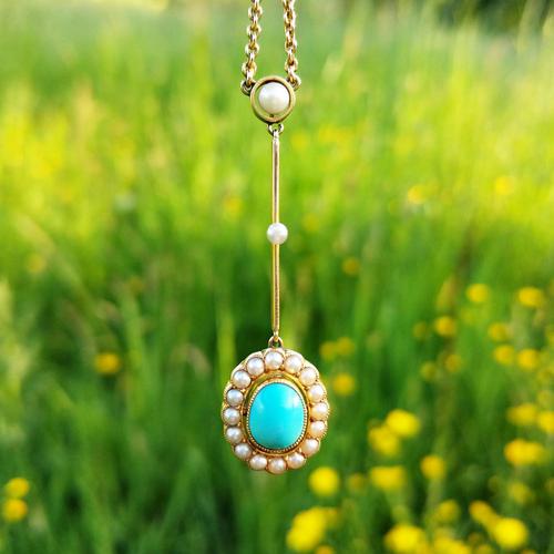 Antique Edwardian 15ct Gold Turquoise & Pearl Edna May Necklace, Vintage Pendant Necklace (1 of 5)