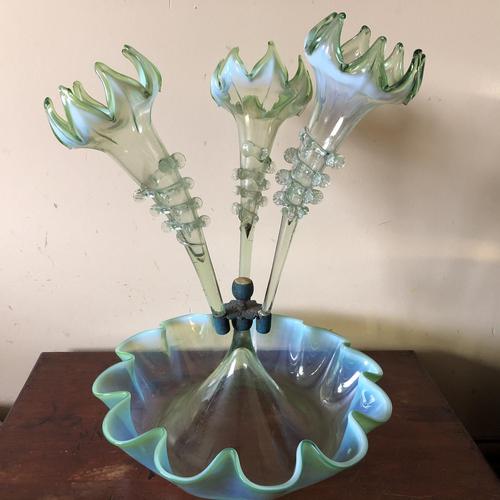 Large Victorian Epergne - Green Glass with White Opalescent Rims (1 of 15) Large Victorian Epergne - Green Glass with White Opalescent Rims (1 of 15)