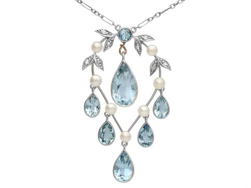 2.27ct Aquamarine, Diamond, Pearl & 14ct Yellow Gold Pendant - Antique c.1900 (1 of 9) 2.27ct Aquamarine, Diamond, Pearl & 14ct Yellow Gold Pendant - Antique c.1900 (1 of 9)