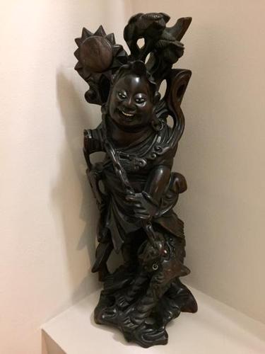 Large Chinese Carved Hardwood Figure of Immortal with Foo Dog (1 of 8)