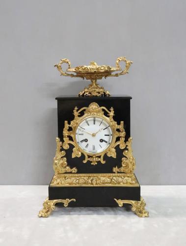 French Rococo Style Black Slate and Bronze Gilt Mantel Clock by Japy Freres (1 of 9)