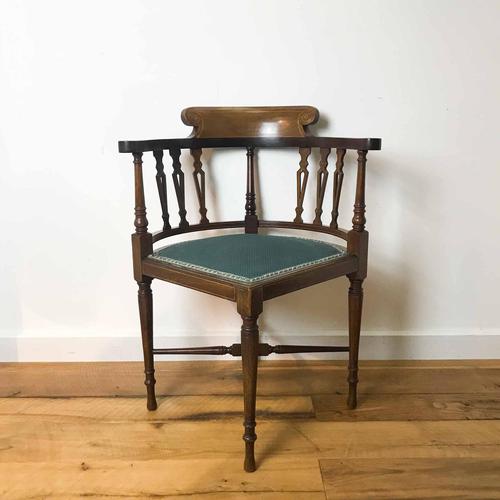 Edwardian Mahogany Corner Chair with Teal Upholstered Seat (1 of 15)